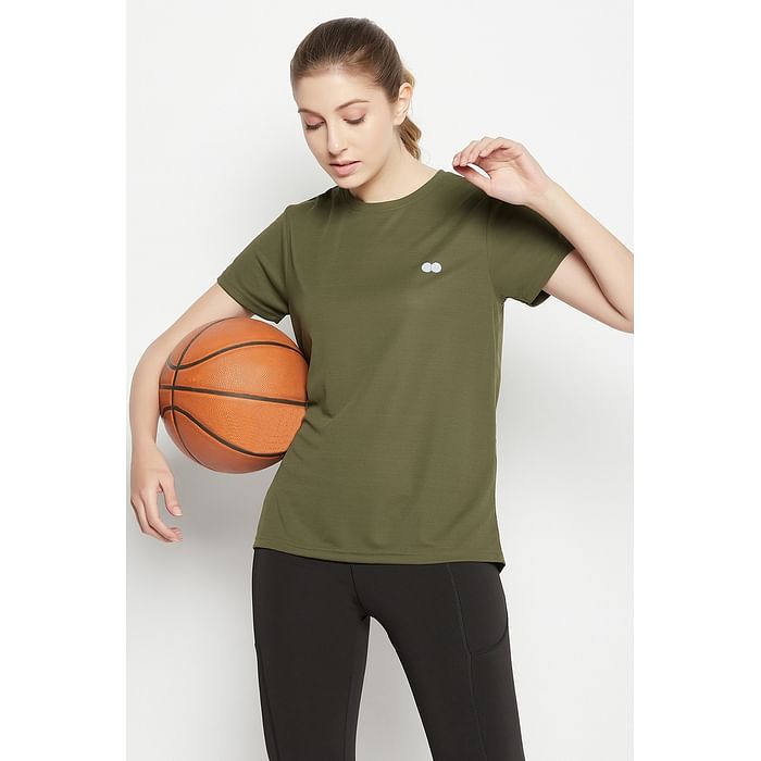 

Clovia Comfort-Fit Active T-shirt in Olive Green - AT5200P17
