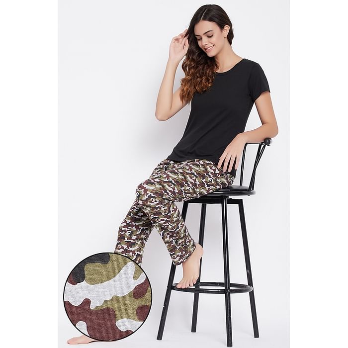 Clovia Black Solid Top & Olive Green Camouflage Print Pyjama Set - Cotton Rich - LSC176J19, Multicolour
Clovia Black Solid Top & Olive Green Camouflage Print Pyjama Set - Cotton Rich - LSC176J19, Multicolour