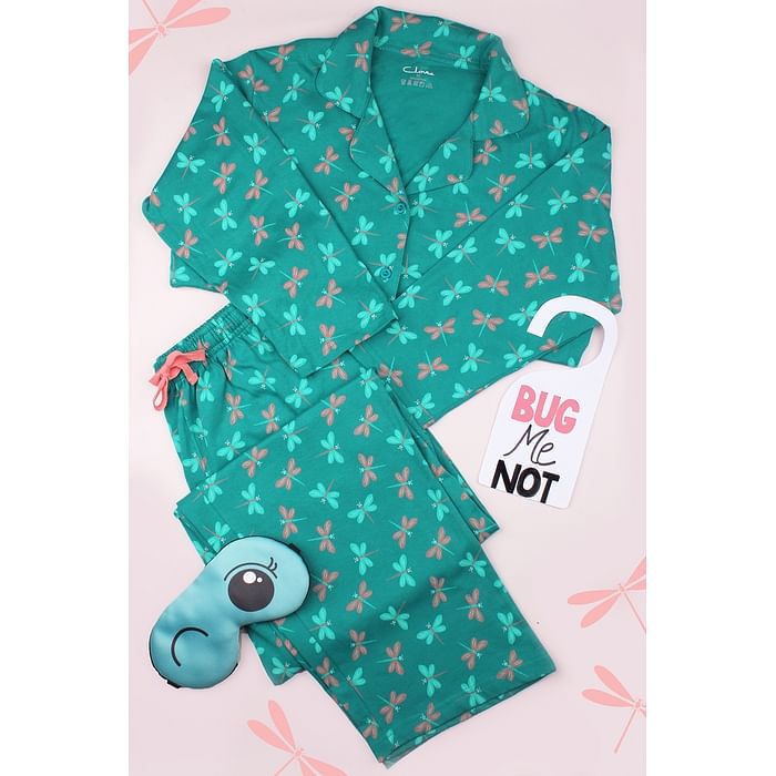 Clovia Butterfly Print Button Down Shirt & Pyjama Set in Teal Green - 100% Cotton - LS0585P36
Clovia Butterfly Print Button Down Shirt & Pyjama Set in Teal Green - 100% Cotton - LS0585P36