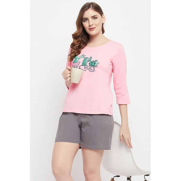 Clovia Cactus Print Top in Baby Pink & Chic Basic Shorts in Grey - 100% Cotton - LS0661P22, Light pink
Clovia Cactus Print Top in Baby Pink & Chic Basic Shorts in Grey - 100% Cotton - LS0661P22, Light pink