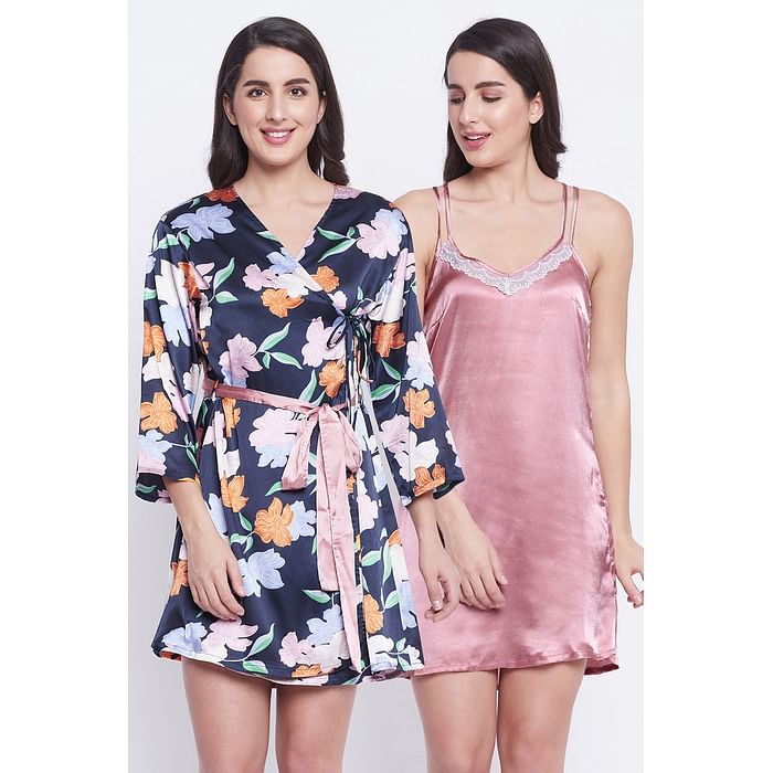 Clovia Chic Basic Babydoll & Floral Print Robe Set in Dusky Pink & Navy - Satin - NS0945R19, Multicolour
Clovia Chic Basic Babydoll & Floral Print Robe Set in Dusky Pink & Navy - Satin - NS0945R19, Multicolour