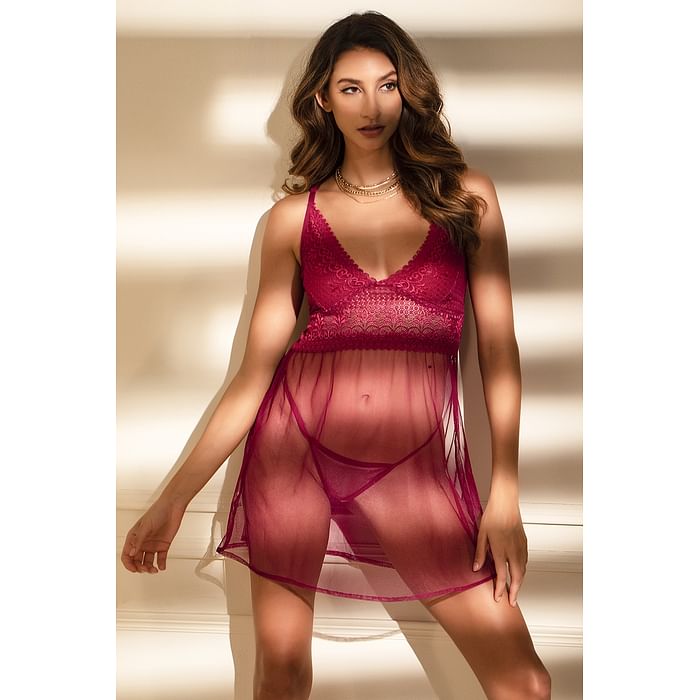 Clovia Chic Basic Sheer Babydoll in Maroon with Matching Thong - Lace - NS0891A15, Purple
Clovia Chic Basic Sheer Babydoll in Maroon with Matching Thong - Lace - NS0891A15, Purple