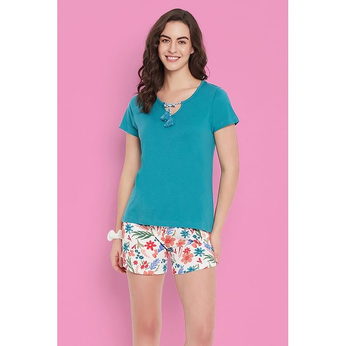 Clovia Chic Basic Top in Teal Green & Pretty Florals Shorts in White - 100% Cotton - LS0706P36
Clovia Chic Basic Top in Teal Green & Pretty Florals Shorts in White - 100% Cotton - LS0706P36