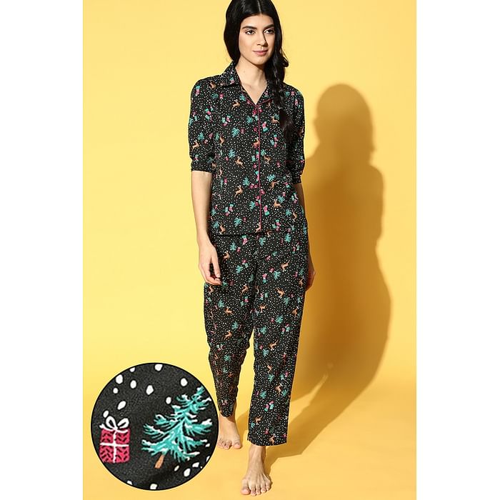Clovia Christmas Print Button Me Up Shirt & Pyjama in Black - Rayon - LS0385E19, Multicolour
Clovia Christmas Print Button Me Up Shirt & Pyjama in Black - Rayon - LS0385E19, Multicolour