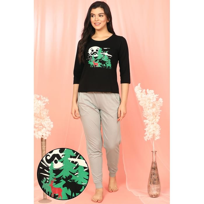 Clovia Christmas Print Top & Cuffed Pyjama in Black & Grey - 100% Cotton - LS0492A13
Clovia Christmas Print Top & Cuffed Pyjama in Black & Grey - 100% Cotton - LS0492A13