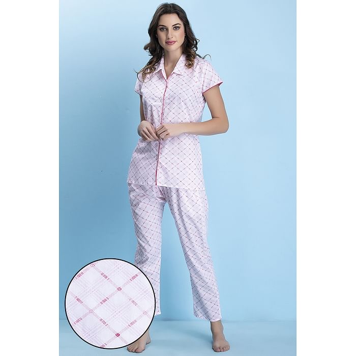 Clovia Cotton Rich Printed Button Down Shirt & Pyjama Set - LS0264D18, White