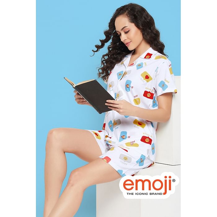 Clovia Emoji Print Button Down Shirt & Shorts Set in White - 100% Cotton - LS0094G18
Clovia Emoji Print Button Down Shirt & Shorts Set in White - 100% Cotton - LS0094G18