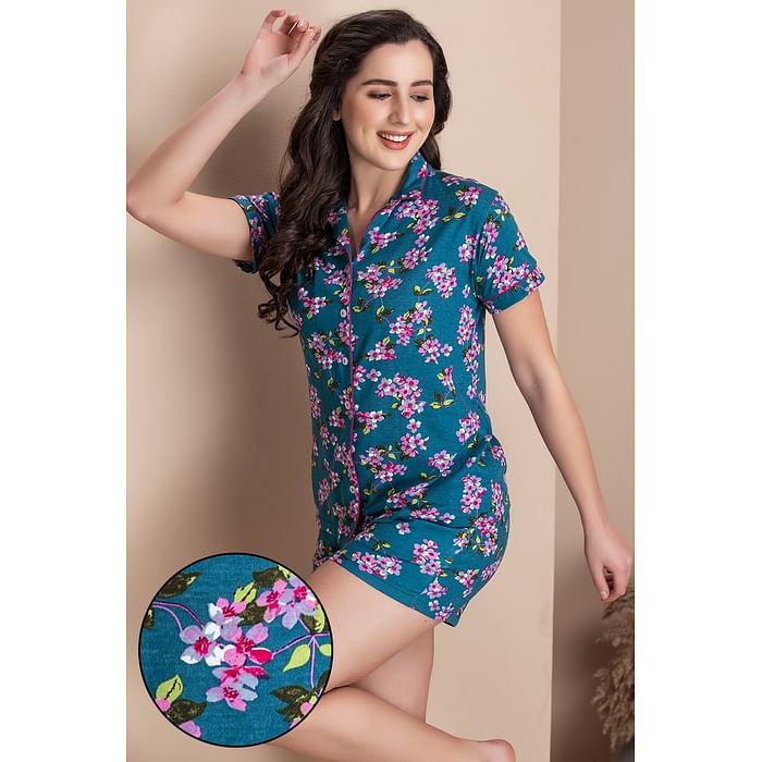 Clovia Floral Print Button Down Shirt & Shorts Set in Turquoise Blue- 100% Cotton - LS0094D08, Navy
Clovia Floral Print Button Down Shirt & Shorts Set in Turquoise Blue- 100% Cotton - LS0094D08, Navy