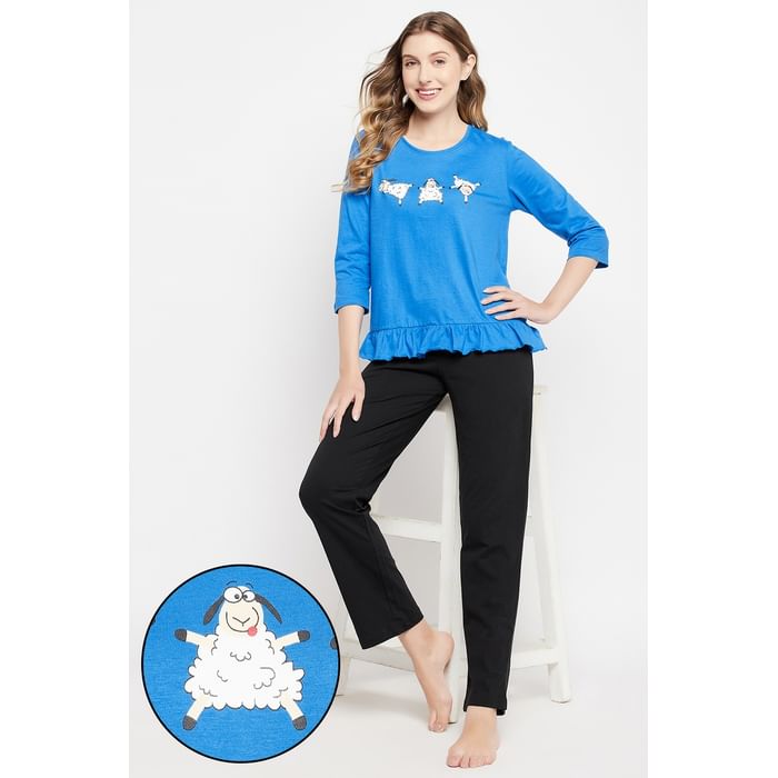 Clovia Graphic Print Top in Sky Blue & Chic Basic Pyjama in Black - 100% Cotton - LS0548P08
