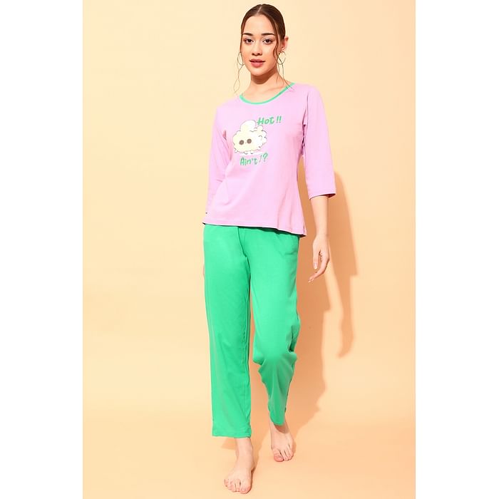 Clovia Graphic & Text Print Top in Lilac & Chic Basic Pyjama in Seafoam Green - 100% Cotton - LS0664E12, Lavender
Clovia Graphic & Text Print Top in Lilac & Chic Basic Pyjama in Seafoam Green - 100% Cotton - LS0664E12, Lavender