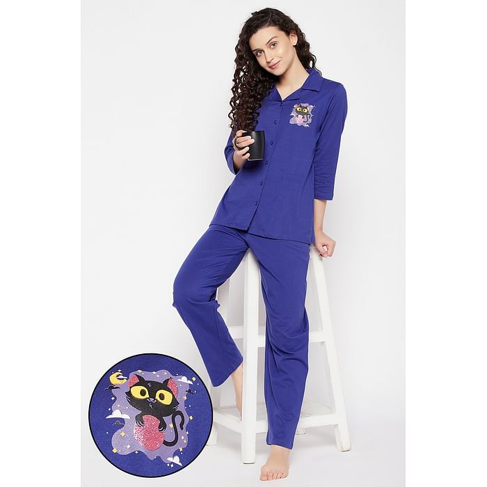 Clovia Halloween Print Button Down Shirt & Pyjama Set in Royal Blue - 100% Cotton - LS0675P08, Navy
Clovia Halloween Print Button Down Shirt & Pyjama Set in Royal Blue - 100% Cotton - LS0675P08, Navy