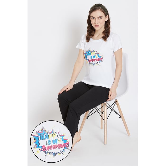 Clovia Happy Is My Superpower Top & Pyjama in White & Black- Cotton - LSC124J18
Clovia Happy Is My Superpower Top & Pyjama in White & Black- Cotton - LSC124J18