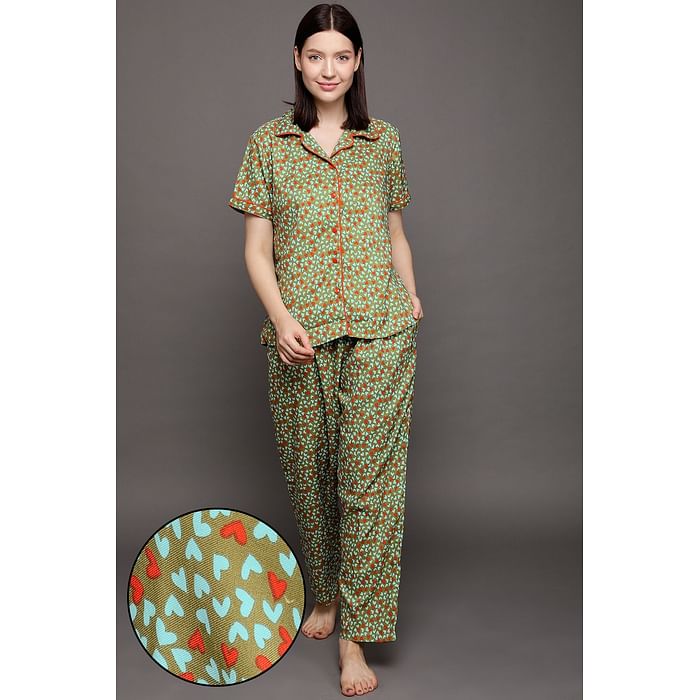 Clovia Heart Print Button Down Shirt & Pyjama Set in Olive Green - Rayon - LS0636P17, Dark green
Clovia Heart Print Button Down Shirt & Pyjama Set in Olive Green - Rayon - LS0636P17, Dark green