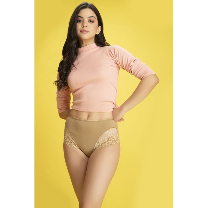 Clovia High Waist Hipster Panty with Lace Inserts in Beige - Cotton & Lace - PN1775A24, Nude-colour
Clovia High Waist Hipster Panty with Lace Inserts in Beige - Cotton & Lace - PN1775A24, Nude-colour