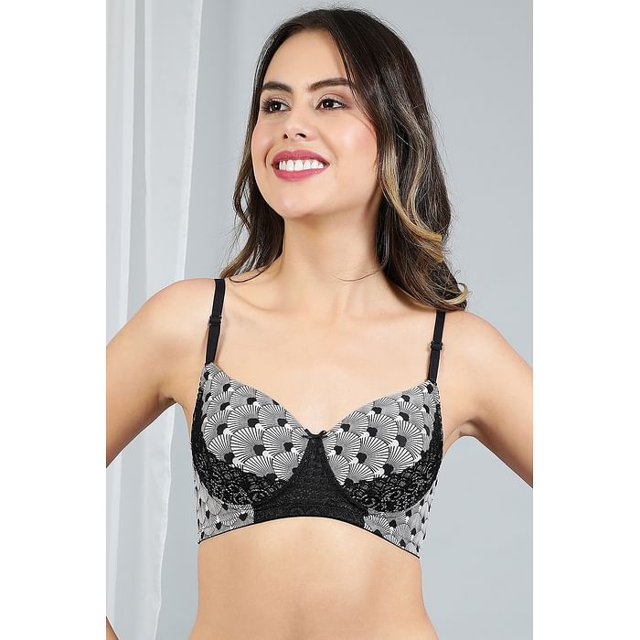 Clovia Lightly Padded Non-Wired Printed Full Cup Bridal Bra in Black - BR1747R13