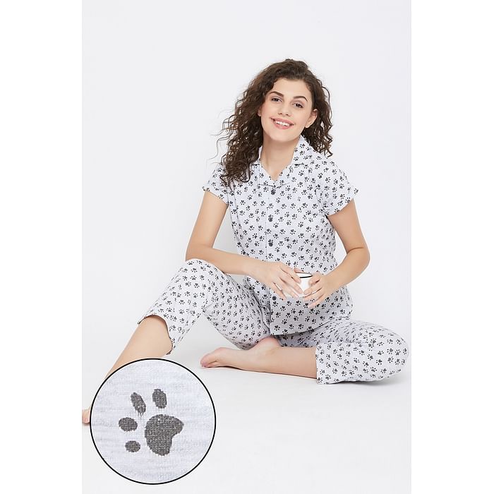 Clovia Paw-fect Top & Pyjama Set in Light Grey- 100% Cotton - LS0025A01