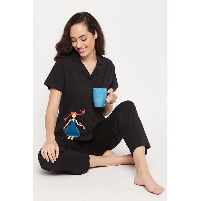 Clovia Cancer Print Button Down Shirt & Pyjama Set in Black - 100% Cotton - LS0025D13
Clovia Cancer Print Button Down Shirt & Pyjama Set in Black - 100% Cotton - LS0025D13