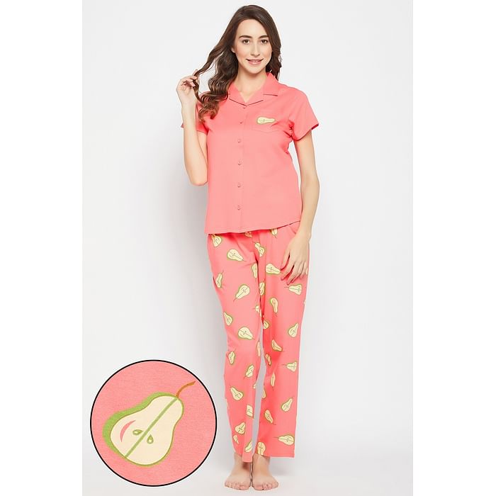 Clovia Tutti Fruity Button Down Shirt & Pyjama set in Peach Colour - Cotton - LS0025E34
Clovia Tutti Fruity Button Down Shirt & Pyjama set in Peach Colour - Cotton - LS0025E34