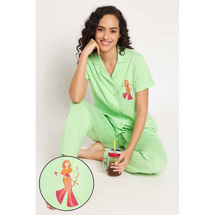 Clovia Sagittarius Print Button Down Shirt & Pyjama Set in Mint Green - 100% Cotton - LS0025K11, Light green
Clovia Sagittarius Print Button Down Shirt & Pyjama Set in Mint Green - 100% Cotton - LS0025K11, Light green