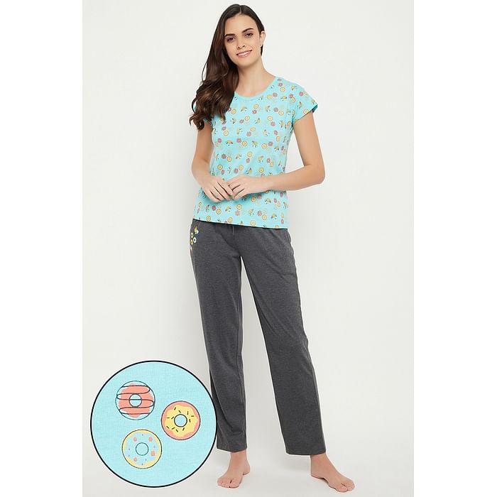 Clovia Donut Print Top in Sky Blue & Pyjama in Dark Grey - 100% Cotton - LS0039A03, Light blue
Clovia Donut Print Top in Sky Blue & Pyjama in Dark Grey - 100% Cotton - LS0039A03, Light blue
