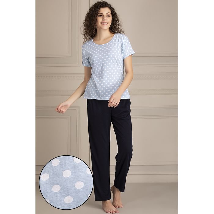 Clovia Polka Me Top & Pyjama Set in Blue- Cotton Rich - LS0039P03, Light blue
