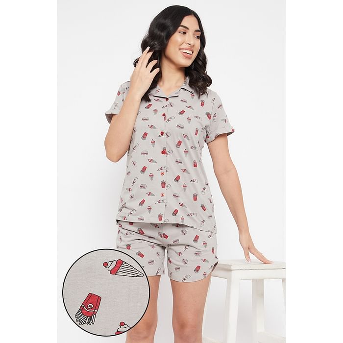 Clovia Print Me Pretty Button Down Shirt & Shorts Set in Light Grey - 100% Cotton - LS0094A01
Clovia Print Me Pretty Button Down Shirt & Shorts Set in Light Grey - 100% Cotton - LS0094A01