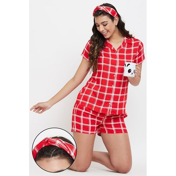 Clovia Classic Checks Button Me Up Shirt & Shorts with Knotted Hairband in Red - Rayon - LS0141A04
Clovia Classic Checks Button Me Up Shirt & Shorts with Knotted Hairband in Red - Rayon - LS0141A04