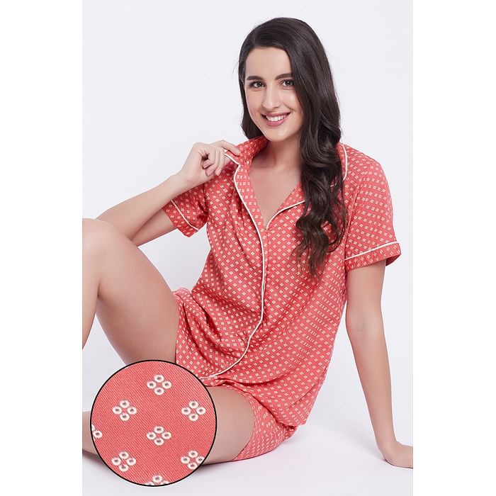 Clovia Print Me Pretty Button Down Shirt & Shorts Set in Peach Colour - LS0141F04, Red
Clovia Print Me Pretty Button Down Shirt & Shorts Set in Peach Colour - LS0141F04, Red