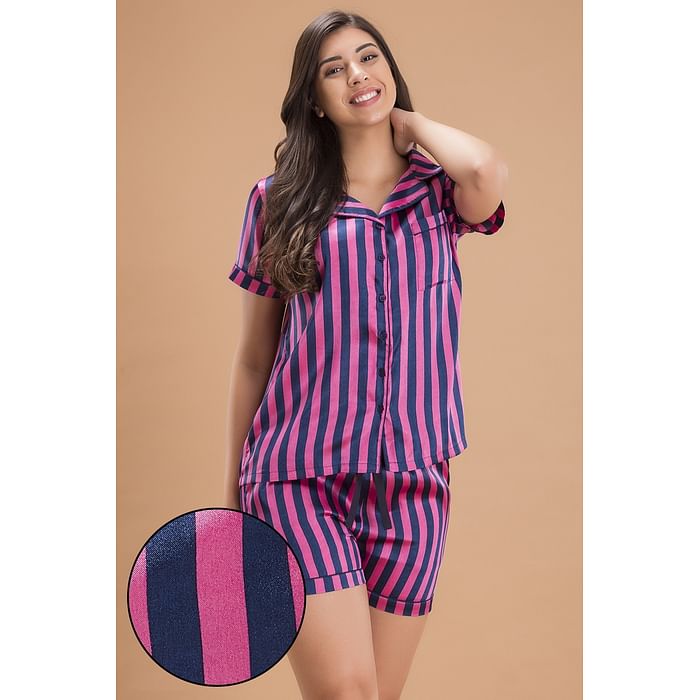 Clovia Sassy Stripes Button Down Shirt & Shorts Set in Pink - Satin - LS0141P14
Clovia Sassy Stripes Button Down Shirt & Shorts Set in Pink - Satin - LS0141P14
