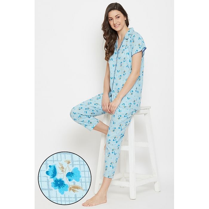 Clovia Pretty Florals Button Down Shirt & Pyjama Set in Light Blue - Cotton Rich - LS0264P03
Clovia Pretty Florals Button Down Shirt & Pyjama Set in Light Blue - Cotton Rich - LS0264P03