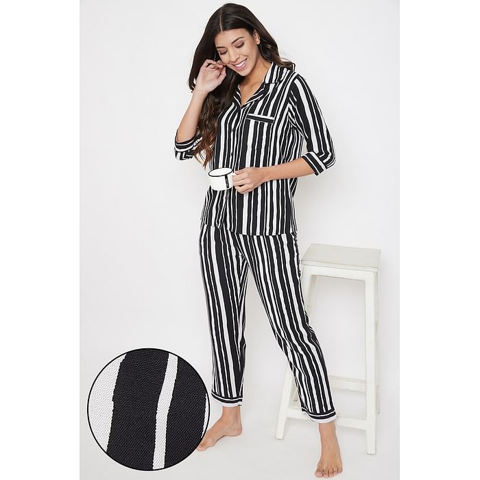 Clovia Sassy Stripes Button Me Up Shirt & Pyjama in Black - Cotton Rich - LS0385G13
Clovia Sassy Stripes Button Me Up Shirt & Pyjama in Black - Cotton Rich - LS0385G13