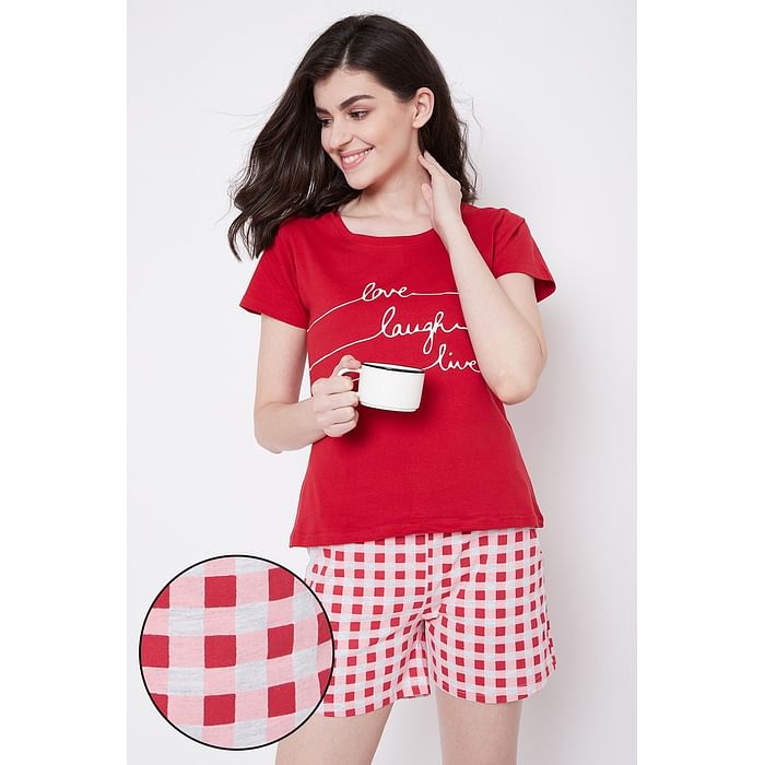 Clovia Quirky Text Top & Checkered Shorts Set in Red & White- 100% Cotton - LS0410D09, Maroon
Clovia Quirky Text Top & Checkered Shorts Set in Red & White- 100% Cotton - LS0410D09, Maroon