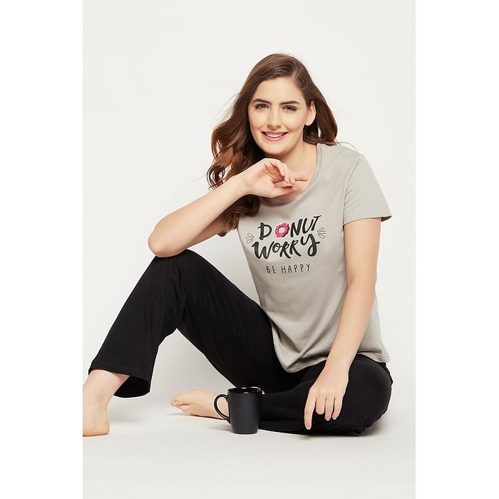 Clovia Donut Text & Print Top & Pyjama Set in Grey & Black - 100% Cotton - LS0413I01, Light grey
Clovia Donut Text & Print Top & Pyjama Set in Grey & Black - 100% Cotton - LS0413I01, Light grey