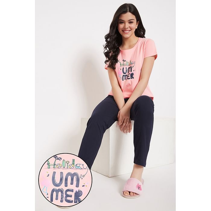 Clovia Holiday Summer Text Print Top & Pyjama in Peach Pink & Black - Cotton Rich - LS0413P34, Teal
Clovia Holiday Summer Text Print Top & Pyjama in Peach Pink & Black - Cotton Rich - LS0413P34, Teal