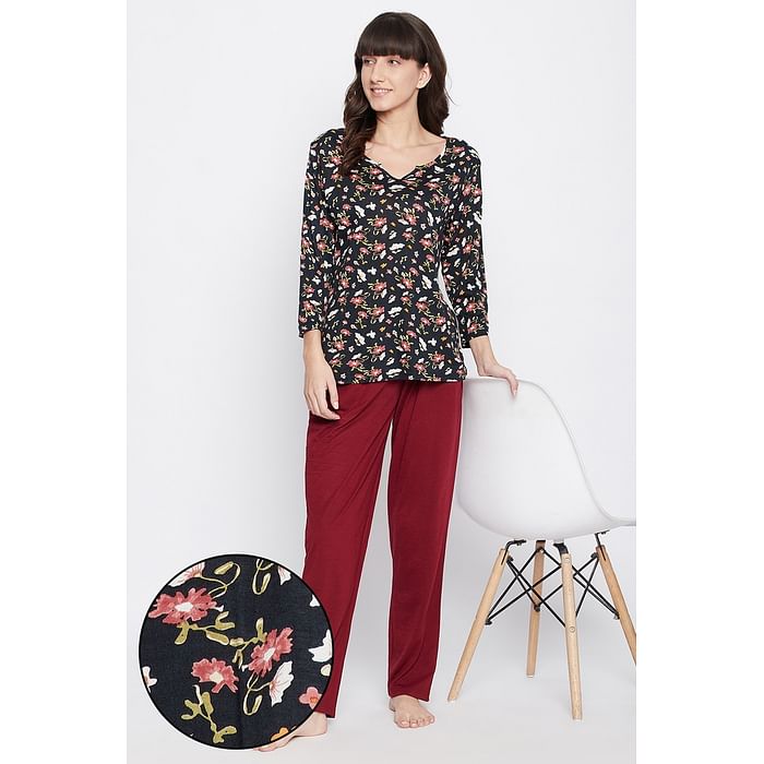 Clovia Pretty Florals Top in Black & Chic Basic Pyjama in Maroon - Cotton Rich - LS0468A09
Clovia Pretty Florals Top in Black & Chic Basic Pyjama in Maroon - Cotton Rich - LS0468A09