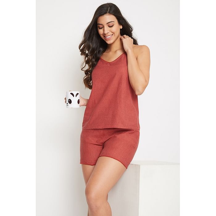 Clovia Self-Striped Cami Top & Shorts in Brick Red- 100% Cotton - LS0516P09, Maroon
Clovia Self-Striped Cami Top & Shorts in Brick Red- 100% Cotton - LS0516P09, Maroon