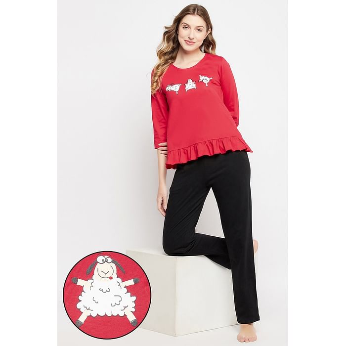 Clovia Graphic Print Top in Red & Chic Basic Pyjama in Black - 100% Cotton - LS0548P04
Clovia Graphic Print Top in Red & Chic Basic Pyjama in Black - 100% Cotton - LS0548P04