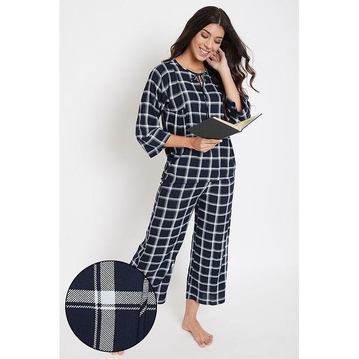 Clovia Classic Checks Top & Pyjama Set in Navy - Rayon - LS0551A08