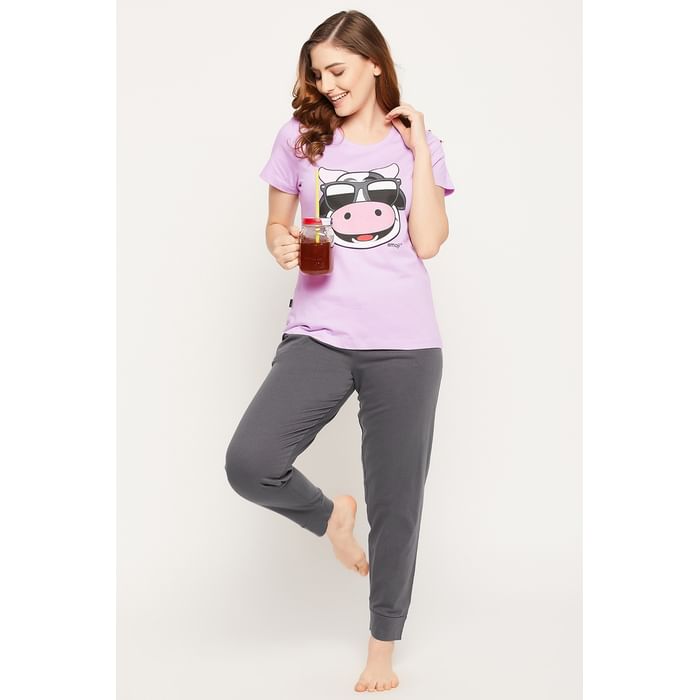 Clovia Cow Emoji Print Top in Lilac & Solid Jogger in Grey - 100% Cotton - LS0557A12, Lavender
Clovia Cow Emoji Print Top in Lilac & Solid Jogger in Grey - 100% Cotton - LS0557A12, Lavender