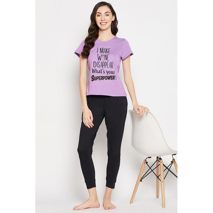 Clovia Quirky Quotes Top in Lavender & Chic Basic Joggers Set in Black - 100% Cotton - LS0557D12
Clovia Quirky Quotes Top in Lavender & Chic Basic Joggers Set in Black - 100% Cotton - LS0557D12