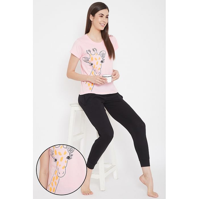 Clovia Giraffe Print Top in Peach-Pink & Solid Pyjama in Black - 100% Cotton - LS0557P22, Light pink
Clovia Giraffe Print Top in Peach-Pink & Solid Pyjama in Black - 100% Cotton - LS0557P22, Light pink