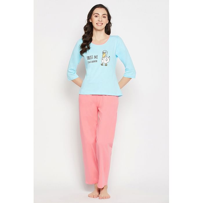 Clovia Print Me Pretty Top in Baby Blue & Chic Basic Pyjama in Baby Pink - 100% Cotton - LS0581P03, Light blue
Clovia Print Me Pretty Top in Baby Blue & Chic Basic Pyjama in Baby Pink - 100% Cotton - LS0581P03, Light blue