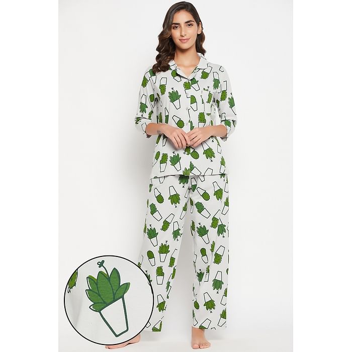 Clovia Cactus Print Button Down Shirt & Pyjama Set in Light Grey - 100% Cotton - LS0585A01
Clovia Cactus Print Button Down Shirt & Pyjama Set in Light Grey - 100% Cotton - LS0585A01