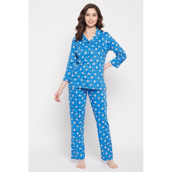 Clovia Sheep Print Button Down Shirt & Pyjama Set in Sky Blue - 100% Cotton - LS0585A08