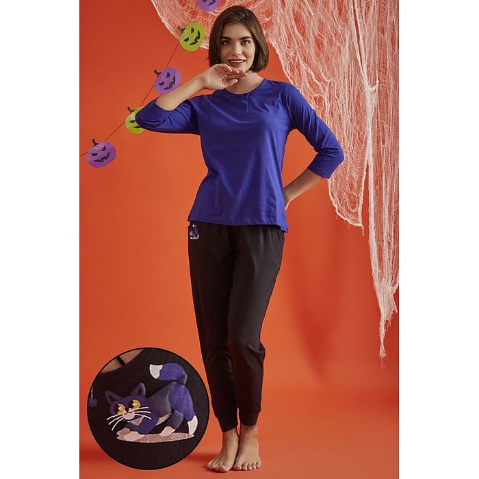 Clovia Chic Basic Top in Royal Blue & Halloween Print Joggers in Black - 100% Cotton - LS0676P08, Navy
Clovia Chic Basic Top in Royal Blue & Halloween Print Joggers in Black - 100% Cotton - LS0676P08, Navy