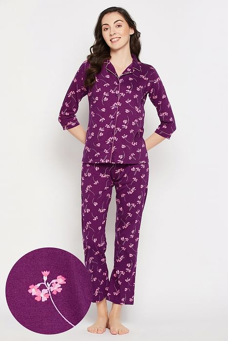 Clovia Pretty Florals Button Down Shirt & Pyjama Set in Wine Colour - 100% Cotton - LS5200P15, Purple
Clovia Pretty Florals Button Down Shirt & Pyjama Set in Wine Colour - 100% Cotton - LS5200P15, Purple