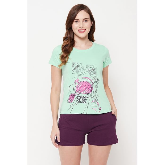 Clovia Text Print Top & Solid Shorts Set in Light Green & Purple - 100% Cotton - LSC001A11
Clovia Text Print Top & Solid Shorts Set in Light Green & Purple - 100% Cotton - LSC001A11