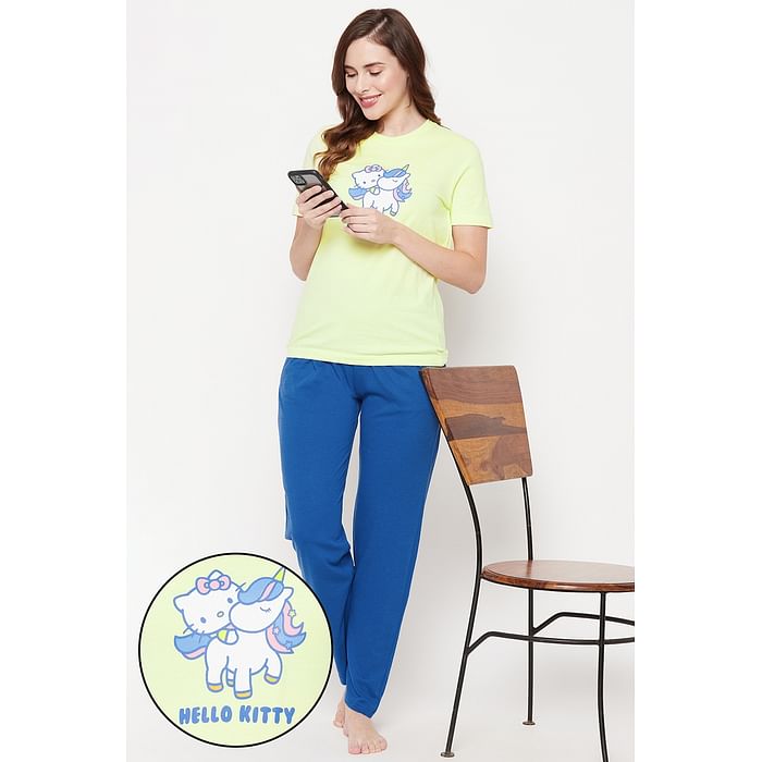 Clovia Hello Kitty Text & Graphic Print Sleep T-shirt in Light Yellow & Chic Basic Pyjama in Cobalt Blue - 100% Cotton - LSC001B02
Clovia Hello Kitty Text & Graphic Print Sleep T-shirt in Light Yellow & Chic Basic Pyjama in Cobalt Blue - 100% Cotton - LSC001B02