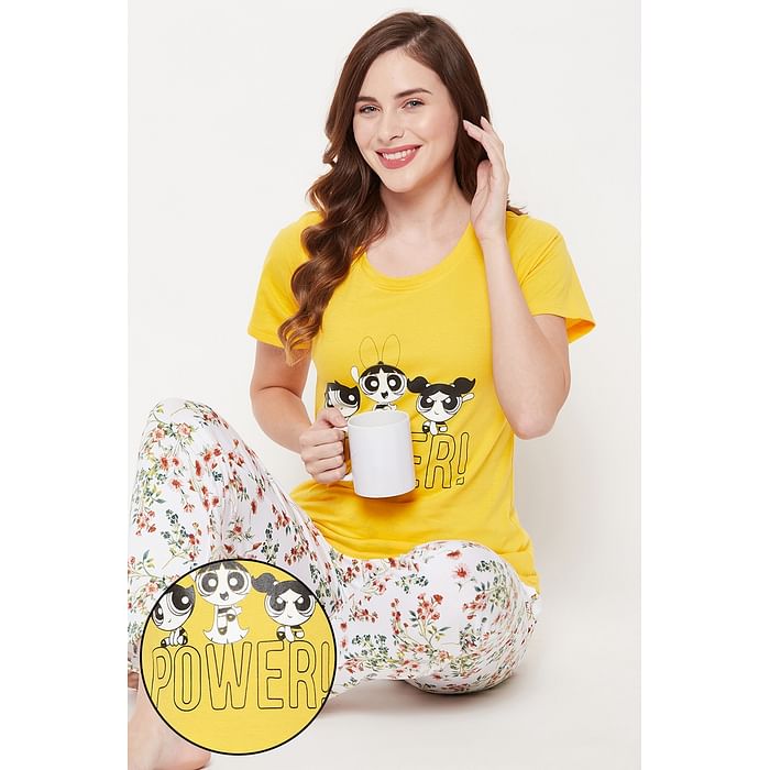 Clovia Powerpuff Girls Print Top & Pretty Florals Pyjama Set in Yellow & White - 100% Cotton - LSC001B07, Mustard
Clovia Powerpuff Girls Print Top & Pretty Florals Pyjama Set in Yellow & White - 100% Cotton - LSC001B07, Mustard