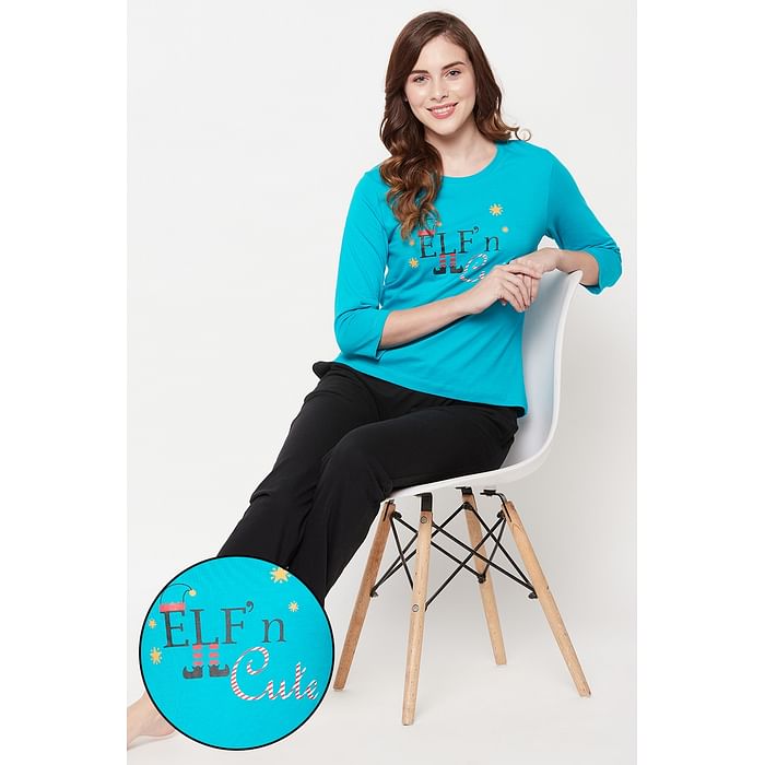 Clovia Graphic Text & Print Top & Solid Pyjama Set in Teal Green & Black - 100% Cotton - LSC001C17, Dark green
Clovia Graphic Text & Print Top & Solid Pyjama Set in Teal Green & Black - 100% Cotton - LSC001C17, Dark green